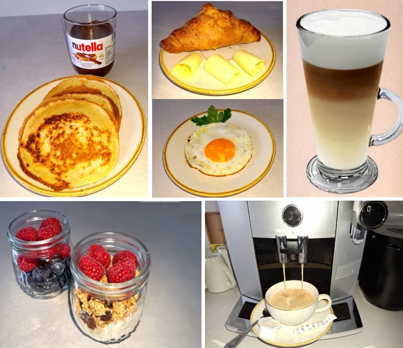  gevarieerd ontbijt, met vers fruit, kaas, vers geperst fruitsap, yohurt 